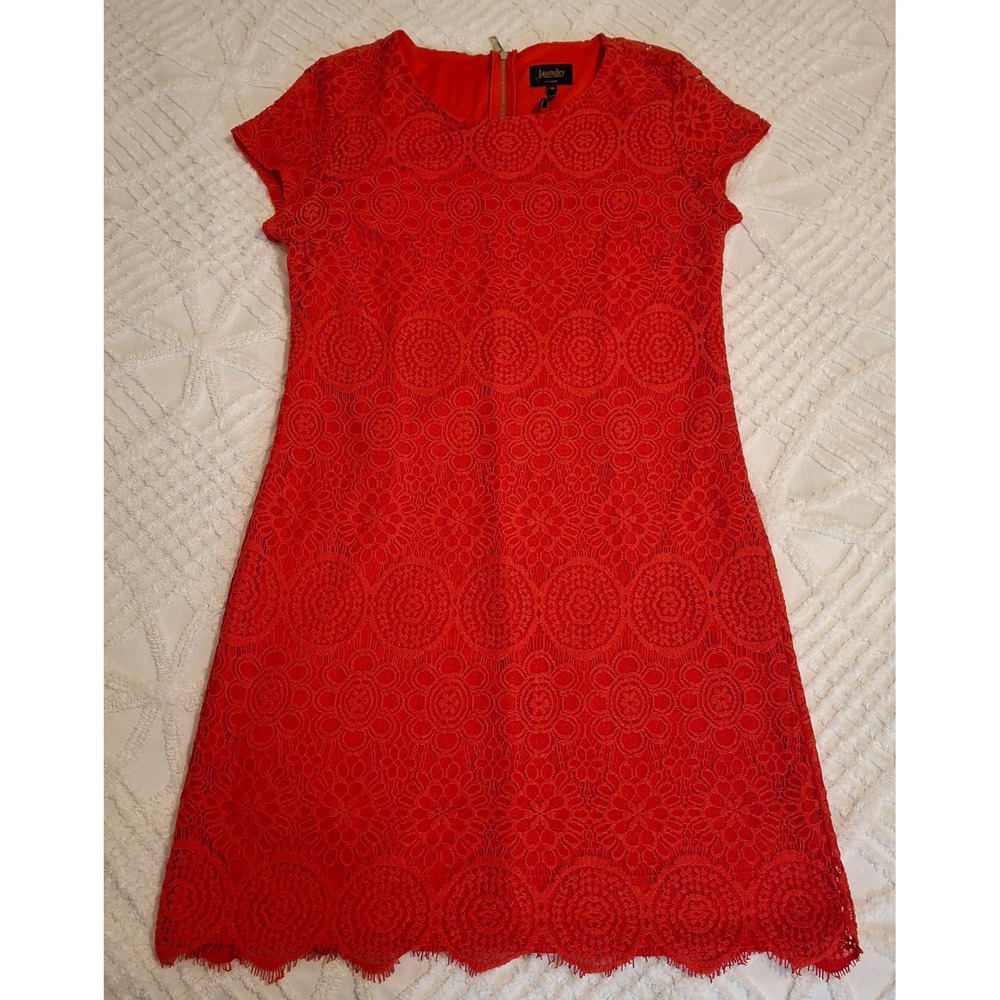 Laundry by Shelli Segal Size 10 Red Lace Dress Cap Sleeve Mini Scalloped Hem